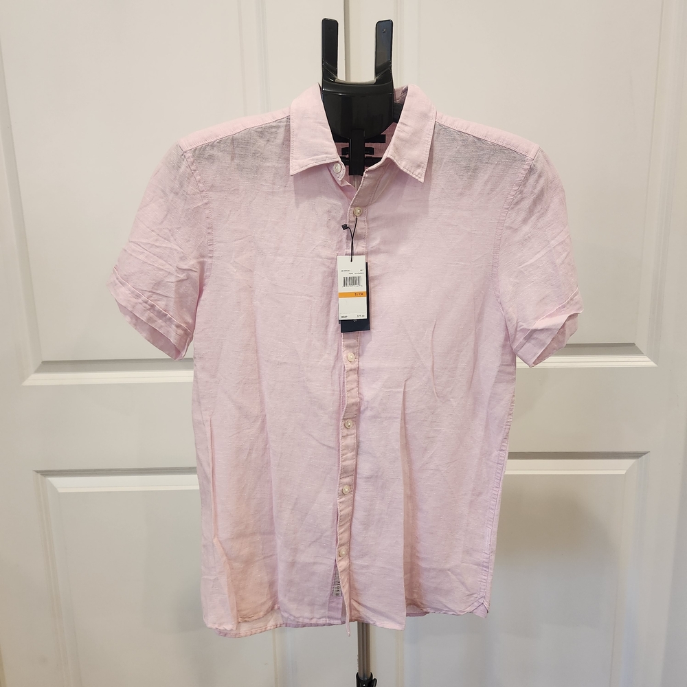NEW Perry Ellis Pink Lavender Linen Blend Short Sleeve Button Up Shirt